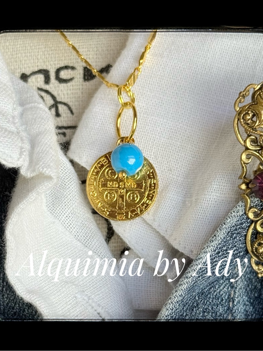 Gold Coin Necklace with Bright Turquoise Bead SAINT BENEDICT
